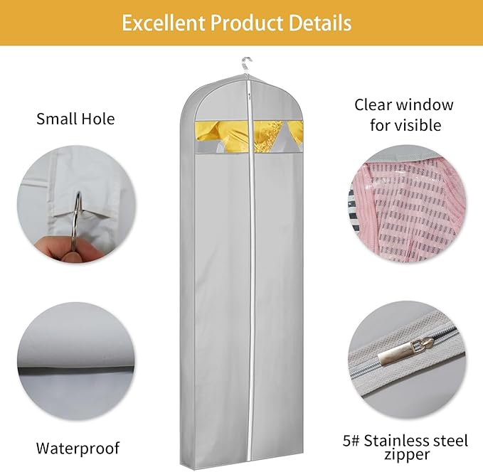 65" Dress Bags for Gowns Long, Dress Garment Bags for Hanging Clothes, Dress Bags for Closet Storage and Traveling, Foldable Dress Cover