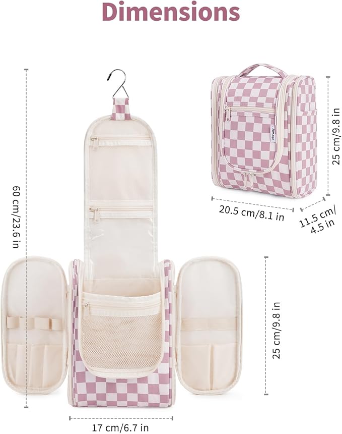 Narwey Small Checkered Hanging Travel Toiletry Bag for Women, Travel Bag for Toiletries, Makeup Bag Organizer Cosmetic Bags Make Up Bags for Women (Dusty Rose Checkerboard)