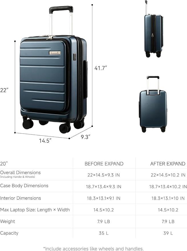 LUGGEX Carry On Luggage 22x14x9 Airline Approved, Expandable Polycarbonate Suitcase with Front Pocket (Pink, 20 Inch, 35L)