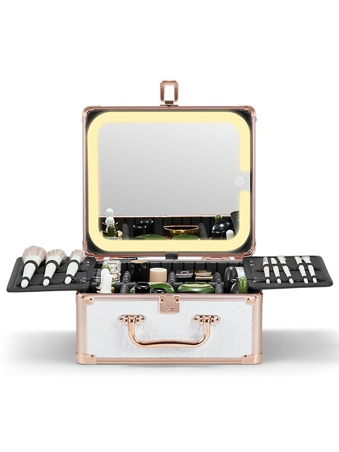 Qislee Makeup Box with A Detachable Lighted Mirror, Waterproof Travel Train Case, Cosmetic Organizer and Makeup Suitcase with Adjustable Dividers, Magnetic LED Mirror(Bright White)