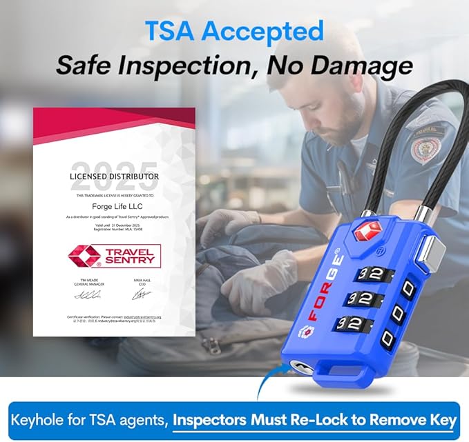 Bright Colors, TSA Approved Cable Luggage Locks 2 Pack Blue, Re-settable Combination with Alloy Body