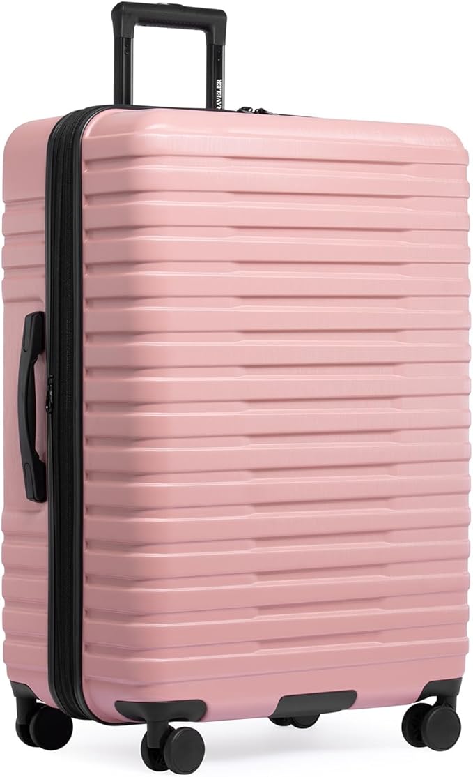 U.S. Traveler Boren Polycarbonate Hardside Rugged Travel Suitcase Luggage with 8 Spinner Wheels, Aluminum Handle, Pink, Checked-Large 30-Inch