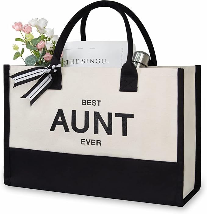 TOPDesign Embroidery Canvas Tote Bag for Women, Aunt Gifts from Niece Nephew, Best Aunt Ever Gifts for Auntie Birthday, Mothers Day, Christmas, Personalized Present Bag for Beach, Holiday