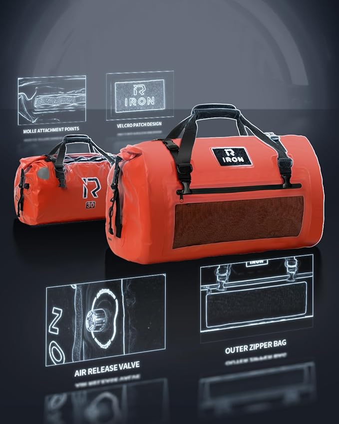 IRON JIA'S Motorcycle Dry Bag - Waterproof Duffle & Luggage Tail Bag Saddle Bags with Roll Top Closure, Shoulder Straps, Inner Pocket and Mesh Pocket (Orange, 50L)