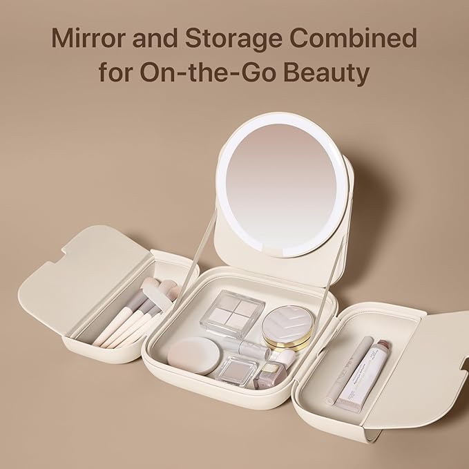 AMIRO M2 Travel Makeup Bag with 5 Level Brightness & 3 Color LED Mirror, Portable Makeup Artist Organizer, White