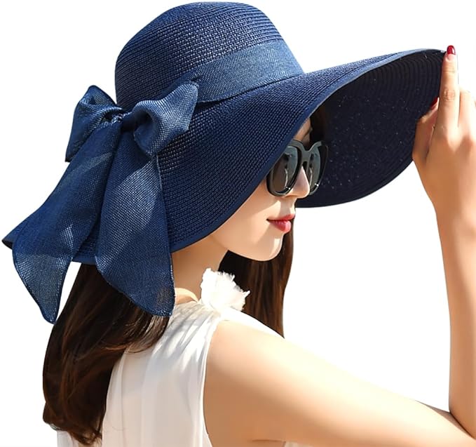 DRESHOW Beach Hats for Women Big Straw Wide Brim Summer Hat Floppy Foldable Roll up Cap Sun Hat UPF 50+