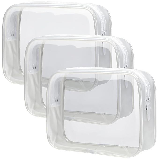 PACKISM Clear Toiletry Bag - 3 Pack TSA Approved Toiletry Bag Quart Size Bag, Travel Makeup Cosmetic Bag for Women, Carry on Airport Airline Compliant Bag, White