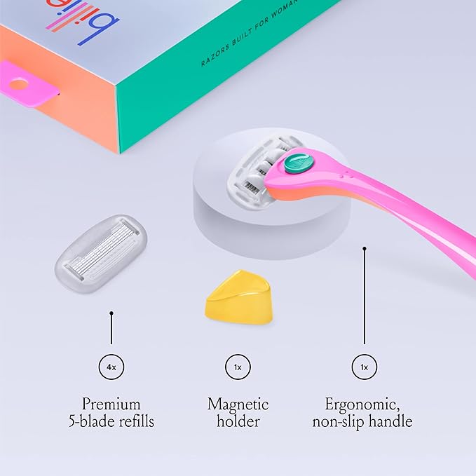 Billie Razors for Women Shave Kit with Women’s Razor, 4 x 5-Blade Razor Refills, Magnetic Holder - Cool Blue and Malibu