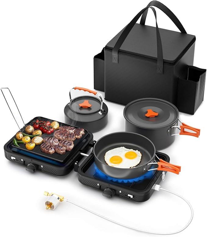 Hisencn 2 Burner Foldable Camping Stove with Griddle,Portable Propane Camp Stove, 20000 BTU Propane Stove, Outdoor Gas Stove with Carry Bag,Includes Frying Pan, Kettle, and Pot, Adjustable Burners