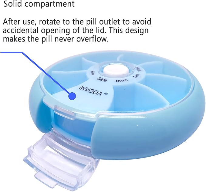 INVODA Weekly Pill Organizer 7 Compartment Rotating Pill Box for Daily Medication & Vitamins - Portable Travel Pill Case Fish Oil Supplements Vitamins Organizer (Pink+Blue)