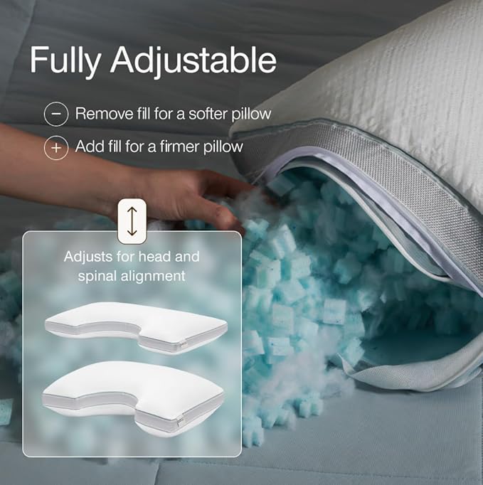 Coop Home Goods Cool+ Cut-Out Adjustable Pillow Queen with Cooling Gel & Shoulder Cut-Out for Head Support, Side Sleeper Pillow, Neck Support for Sleeping, CertiPUR-US/GREENGUARD Gold