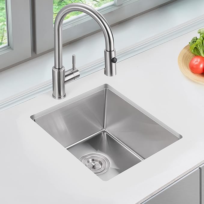 15 x 15 Inch Undermount Kitchen Sink, T-304 Stainless Steel Handmade Single Bowl Kitchen Bar Sink or Prep Small Sink (Brushed)