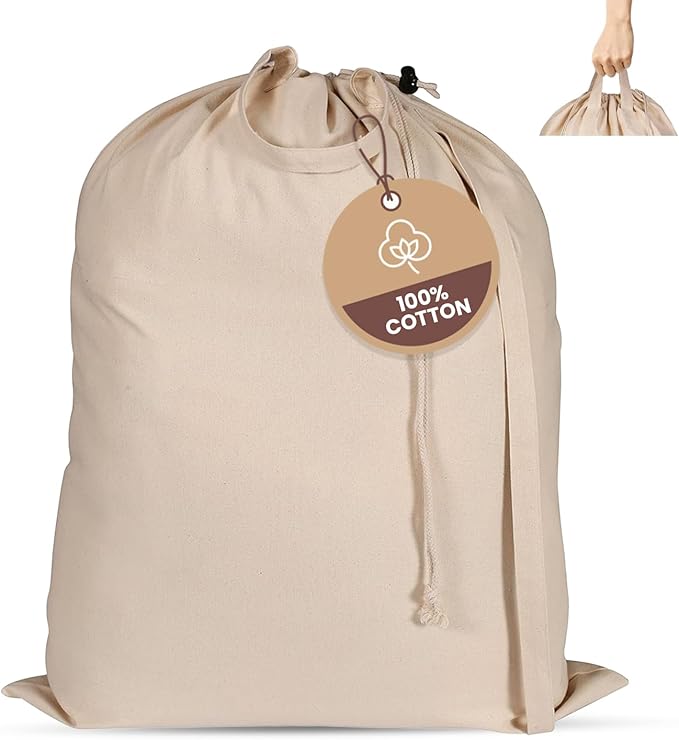 LFH Home Cotton Canvas Large Laundry Bag with Handle, Heavy Duty Drawstring Closure Washable Laundry Bags School Travel, Home, Hotel, College Dorm, Organizer Sack, Toys Clothes 20x30-Natural