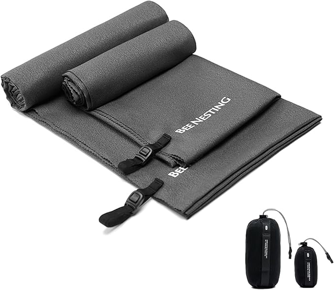 Ultralight Quick Dry Towel - Medium&Small 2 Pack Microfiber Towels with Compact Packable Pocket for Lightweight Backpacking Travel, Beach, Gym, Camping & Hiking(Grey, M&S 2 Set)