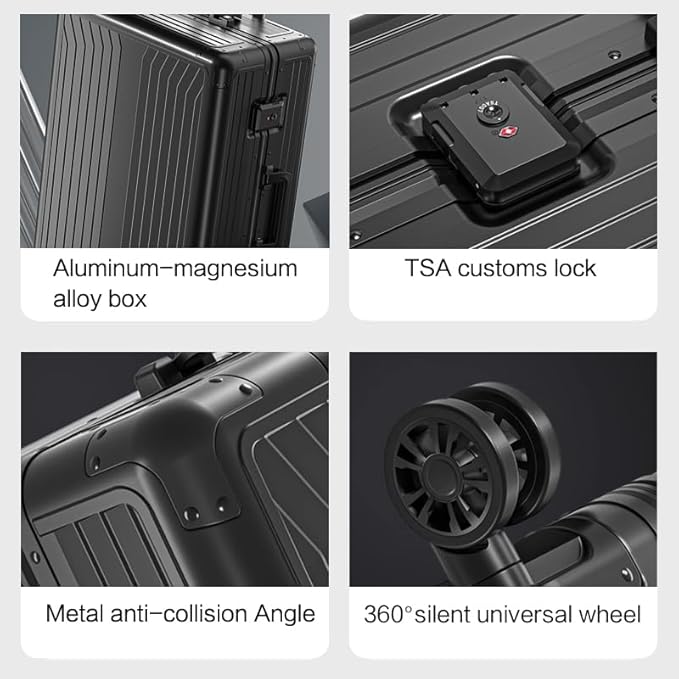 Metal all aluminum carry-on suitcase 20 "hard face, TSA lock and rotating wheel zippered luggage set (black, 2Piece(20/28))
