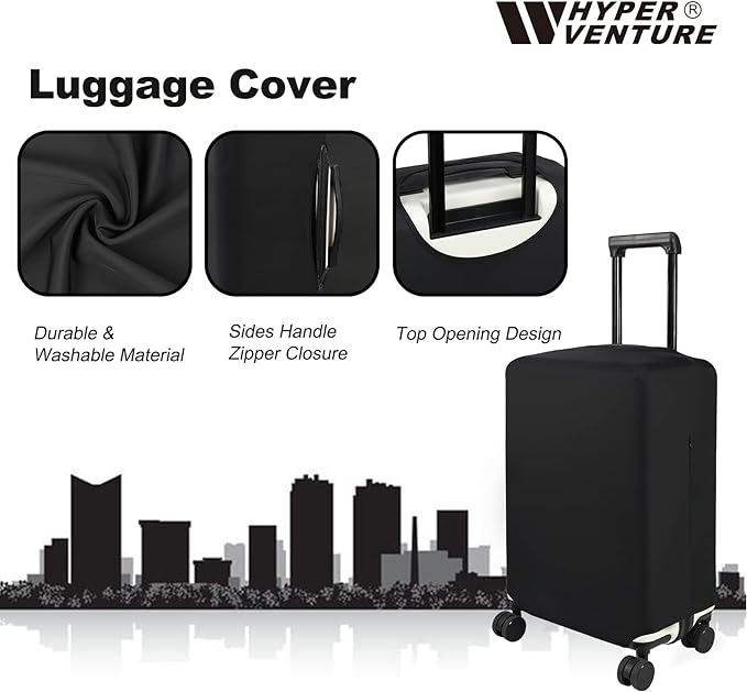 HYPER VENTURE Washable Luggage Cover - Fashion Suitcase Protector Fits 18-22 Inch Luggage (Black, S)