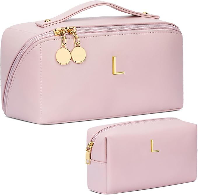 Birthday Gifts for Women Teen Girl, Personalized Initial Makeup Organizer Bag Set, Open Flat Travel Cosmetic Bag With Clear Divider and Handle(Pink,L)