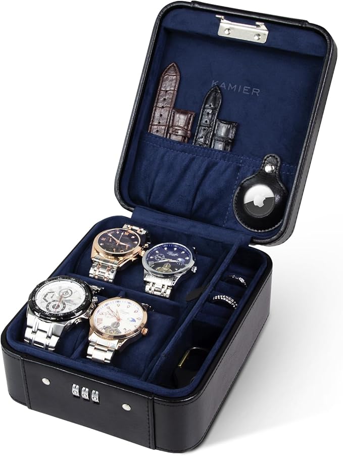KAMIER Watch Case with Combination Lock - 4 Watch Storage and Jewelry Organizer - Watch Travel Case for Ring and Watch Storage, PU Leather Travel Watch Case, Ideal for Gift (With Gift Box),Black