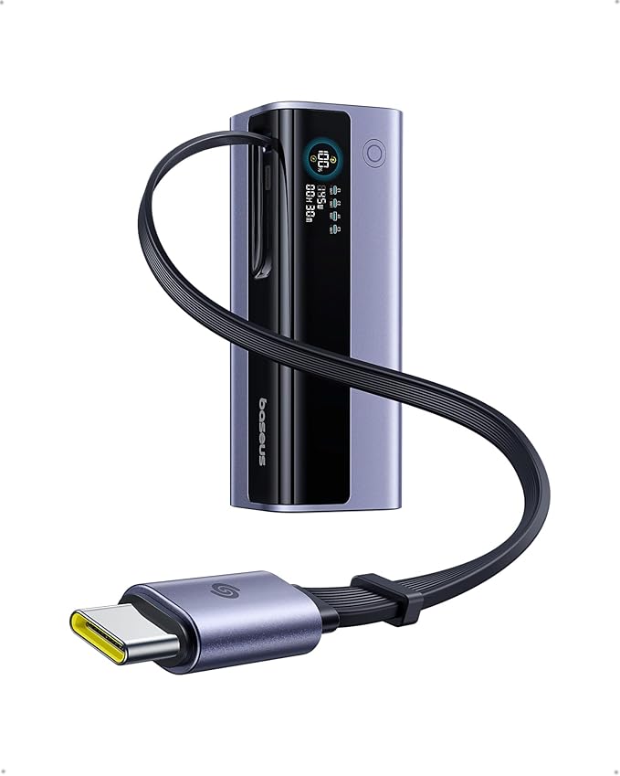 Baseus Laptop Power Bank, 20,000mAh 145W Portable Charger Built-in Retractable Cable, 4-Port PD Fast Charging Battery Bank with Smart Display, for iPhone/MacBook/Samsung/Dell/HP, and More