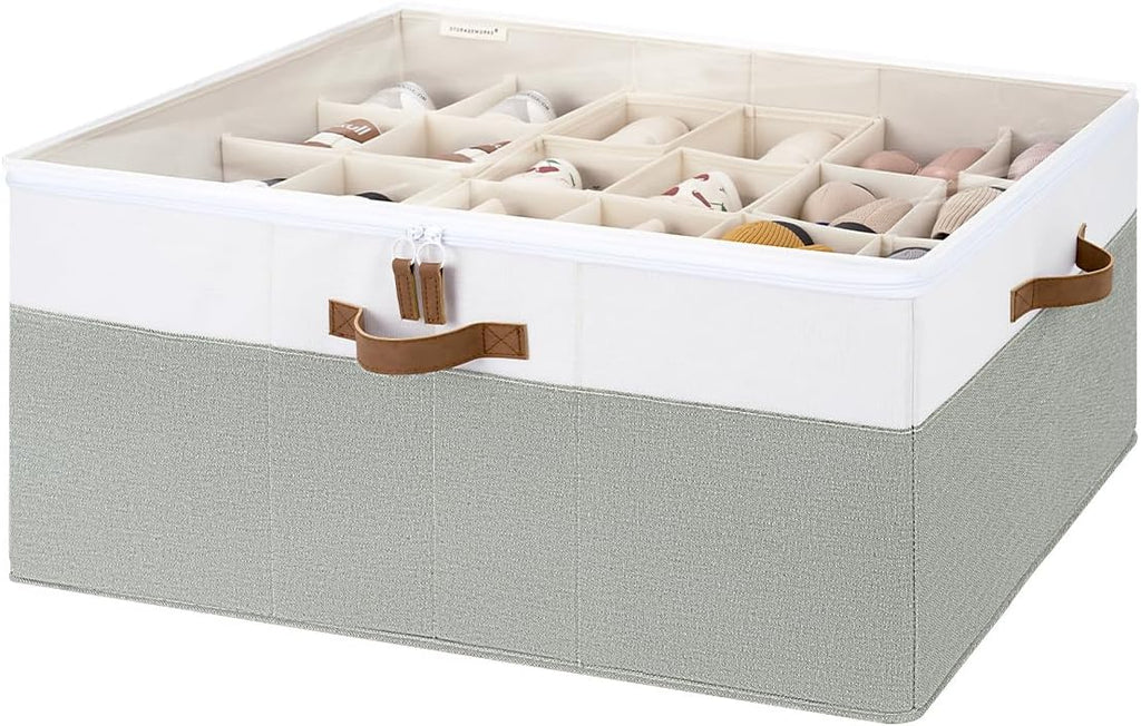 StorageWorks Shoe Organizer for Closet, Fits up to 24 Pairs, Shoe Cubby Storage Containers with Adjustable Dividers and Clear Cover, Green & White