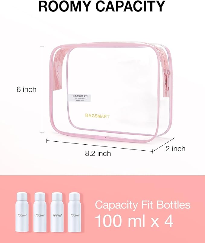 BAGSMART Clear Toiletry Bag, 3 Packs TSA Approved Water-resistant Quart Size Travel Organizer, Airport Airline Travel Essential Carry-On Makeup Cosmetic Bags for Women, Pink