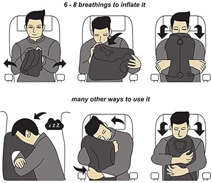 Inflatable Travel Pillow for Airplane, Neck Air Pillow for Sleeping to Avoid Neck and Shoulder Pain, Support Head and Lumbar, Used for Airplane, Car, Bus and Office (Black)