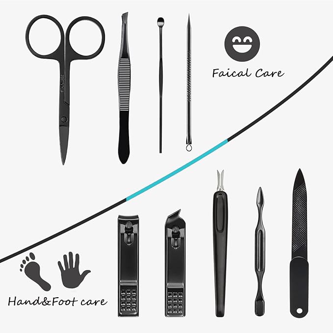 Manicure Set 9 in 1 Stainless Steel, Nail Clippers Scissors Pedicure Tools Kit - Portable Travel Grooming Kit for Men and Women with Black/Blue Leather Case (Blue)