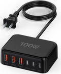 USB C Charger Block, 100W GaN 6 Port PD USB C QC USB A Wall Charger Adapter Plug Cube, Super Fast Type C Charging Station Hub for iPhone 16 15 14 13 12 Pro Max iPad Samsung Pixel 5ft Extension Cord