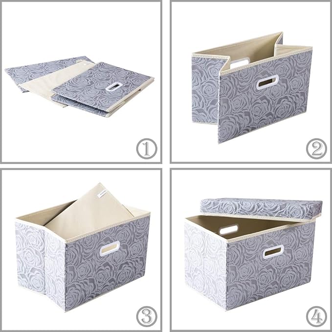 PRANDOM Larger Collapsible Storage Box with Lid [1-Pack] Fabric Decorative Storage Bin Cube Organizer Container Basket with Cover Handles for Bedroom Closet Living Room Gray 17.7x11.8x11.8 Inch