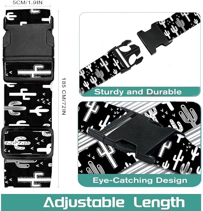 Luggage Straps for Suitcases Travel Belt Accessories, Cute Suitcase Strap, Adjustable Luggage Belt Strap, Heavy Duty with Quick-Release Buckle Luggage Strap Black White Cacti