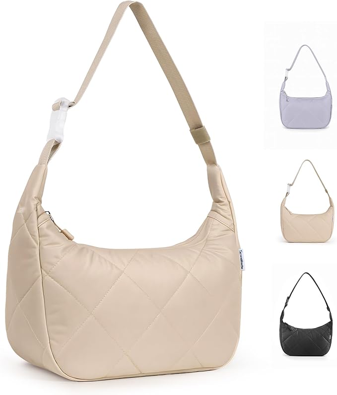 Quilted Lunch Bag for Women, Cute Insulated Lunch Tote with Adjustable Strap, Puffy Reusable Waterproof Cooler Bag, Stylish Bento Lunch Box for Work Picnic Travel, Beige