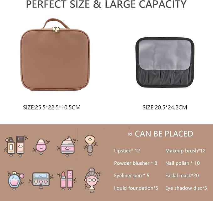 Makeup Bag with Led Mirror,Travel Makeup Organizer with 3 Color Setting & 10X Magnifying Mirror, Portable Storage and Adjustable Dividers Travel Makeup Bag-khaki
