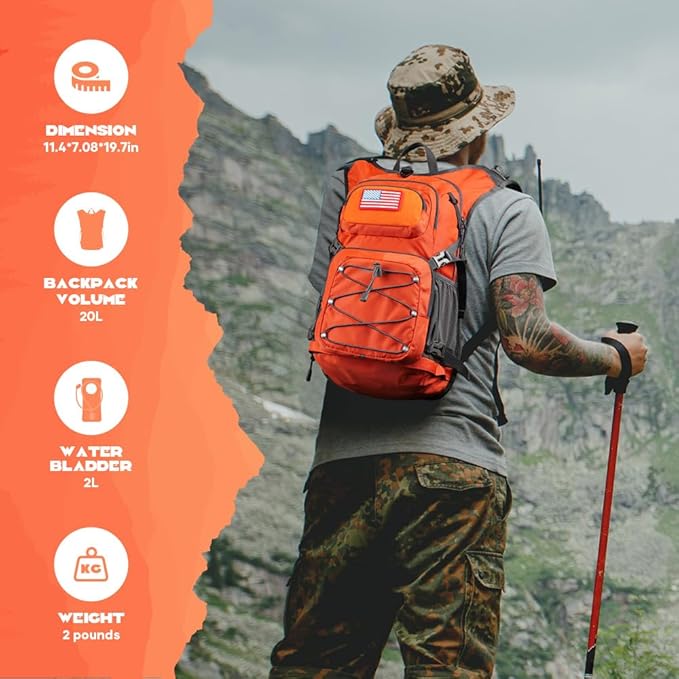 Maelstrom Hydration Hiking Backpack with 2L/3L Water Bladder, High Flow Bite Valve Camping Daypack Lightweight