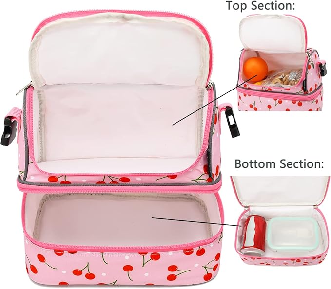 FlowFly Kids Double Decker Cooler Insulated Lunch Bag Large Tote for Boys, Girls, Men, Women, With Adjustable Strap, Cherry