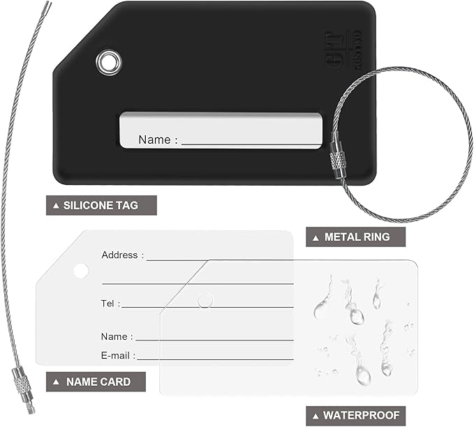 8 Pcs Luggage Tags for Suitcases, 26 Initial Letter Travel Luggage Baggage Identification Labels ID Tags Fully Bendable Tags with Stainless Steel Loop (Letter E, Black)
