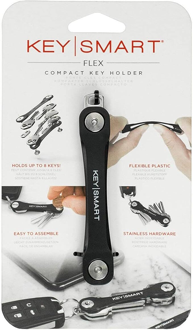 KEYSMART Flex Key Holder - Key Organizer Key Chain, Compact Key Case Pocket-Sized EDC Key Chain, Key Ring Loop for Car Key Chain, Expandable Keychain Accessories, up to 8 Keys, Black (Pack of 2)