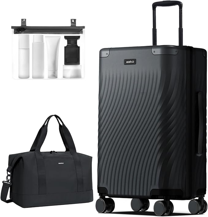 ECOHUB Hardside Expandable Carry On Luggage, Recycled PC 24" Rolling Luggage 26x16x11 Airline Approved with Spinner Wheels & TSA Lock, Lightweight Hardshell Travel Suitcase, 24inch Carry-on Black