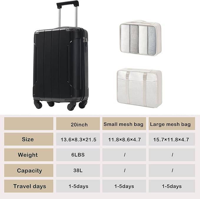 Merax Carry on Luggage Set, 20 Inch Hardshell ABS Suitcase with Spinner Wheels, Built-in TSA Lock & 2 Packing Cubes Airline Approved for Business Weekend Travel