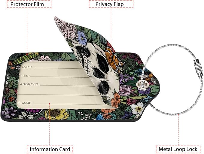Skull and Colorful Flower Luggage Tags for Suitcases,2 Pack Luggage Tag, Leather Stainless Steel Loop Label Tag for Women Girl Travel Bag Suitcase