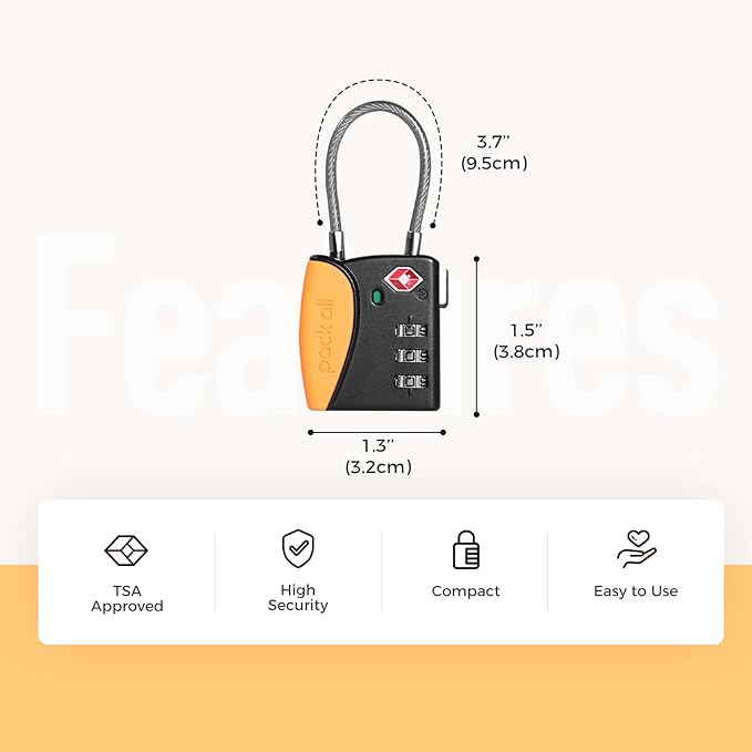 pack all TSA Approved Cable Luggage Locks, 3 Digit Combination Padlocks, Travel Lock for Suitcases & Bag, Alloy Body, Travel Accessories (4 Pack)（Orange）