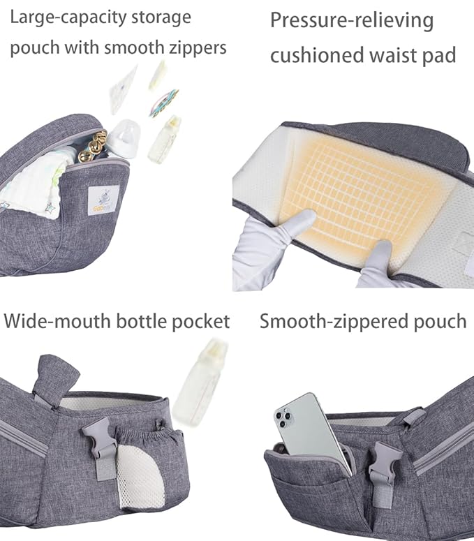 Baby Hip Seat Carrier Baby Waist Stool for Child Infant Toddler with Adjustable Strap Buckle Pocket Soft Inner Huge Storage (Khaki)