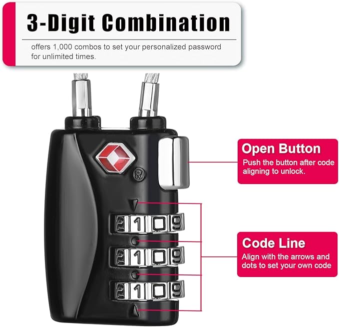 ZHEGE Luggage Lock TSA Approved 3 Digit Travel Cable Padlock with Alloy Body for Suitcase, Baggage, Backpack, Pistol Case (Black)