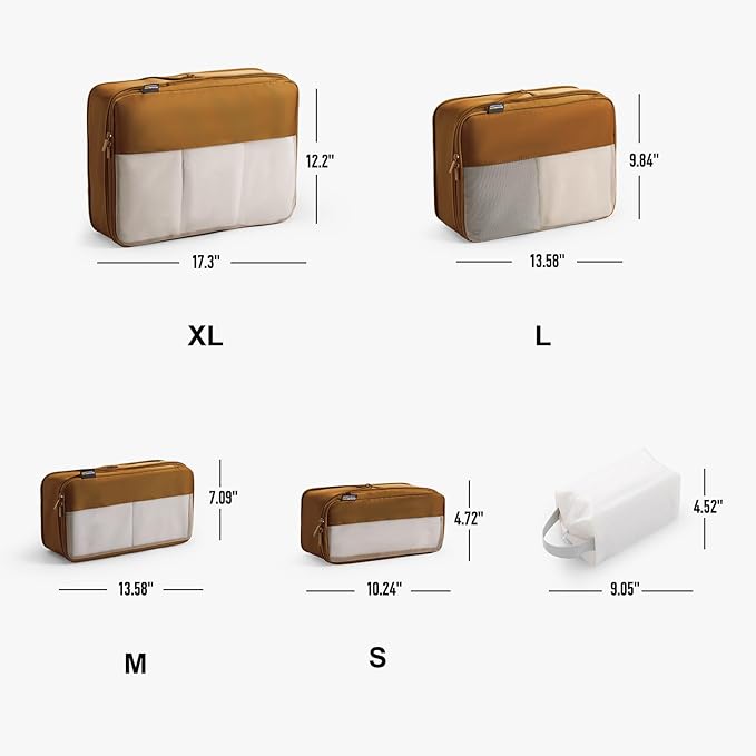 6 Set Compression Packing Cubes for Travel Essentials, Luggage Organizers for Suitcases (Dark Brown)
