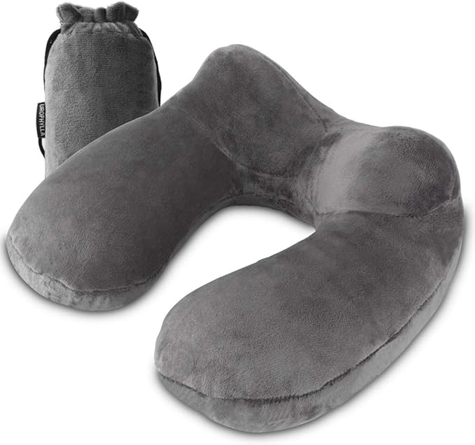 UROPHYLLA Inflatable Travel Pillow, Soft Velvet Inflatable Neck Pillow for Traveling, Airplanes, Train, Car, Office with Compact Bag, Breathable Washable Cover, Suit for Adults Sleeping - Grey