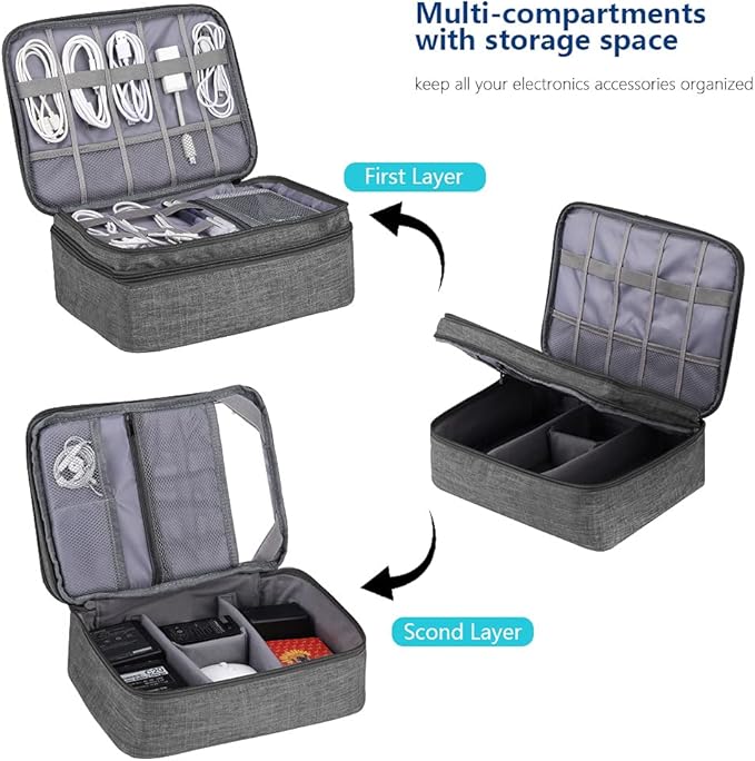 ORIENT FAMULAY Travel Organizer, Waterproof Cable Bag for Electronic Accessories Double Layer Large Shockproof Storage Bag for Cord, Hard Disk, Power Bank, Tablet -Gray