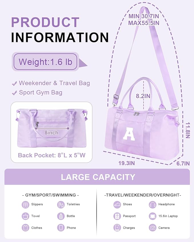 Daughter Niece Gifts for Teen Girl Kids, Initial Travel Duffel Bag Sports Gym Bag Personalized Gifts Weekender Bag，Monogram Overnight Bag Cute Dance Bag Birthday Bridesmaid Gifts for Women(Purple, A)