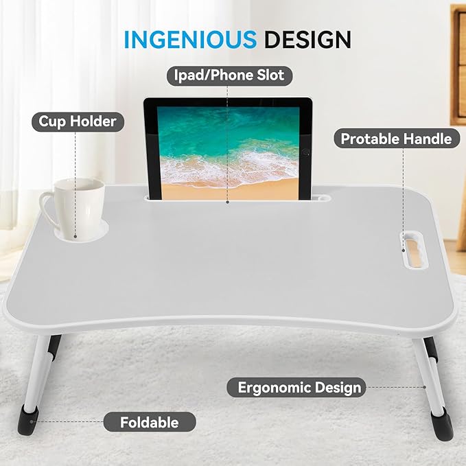 BUYIFY Folding Lap Desk, 23 Inch Portable Wood Grey Laptop Bed Desk Lap Desk with Cup Holder, for Working Reading Writing, Eating, Watching Movies for Bed Sofa Couch Floor
