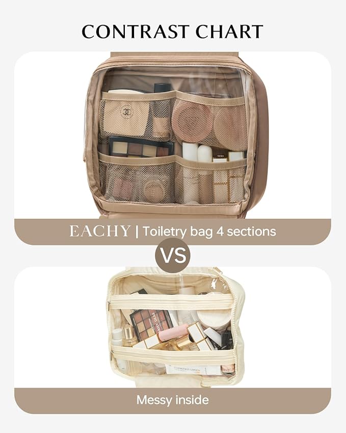EACHY Hanging Toiletry Bag, Satin 4 Compartments Travel Toiletry Bags for Women, Large Capacity Make Up Organizer Bag with Handle & Compartments (Brown, L)
