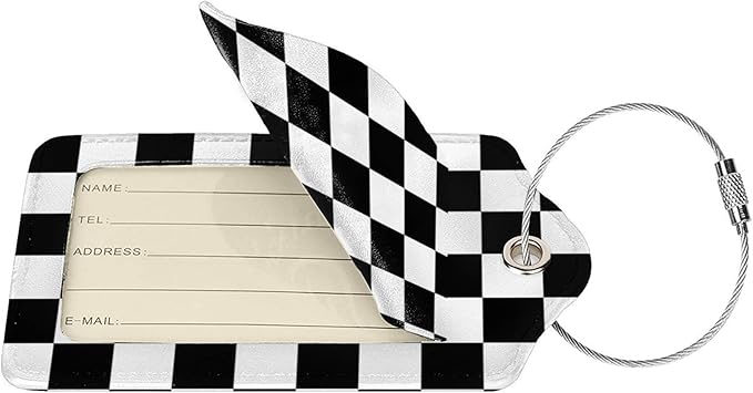 2 Pack Luggage Tags for Suitcase,Black and White Grid PU Leather Travel Luggage Tag with Privacy Flap, Name ID Label and Metal Loop for Women Men Suitcase Baggage Bag Backpack