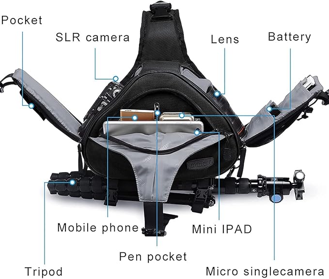 CADeN Camera Bag Sling Backpack Camera Case Waterproof with Rain Cover Tripod Holder, Compatible for DSLR/SLR Mirrorless Cameras (Canon Nikon Sony Pentax) and Accessories Black